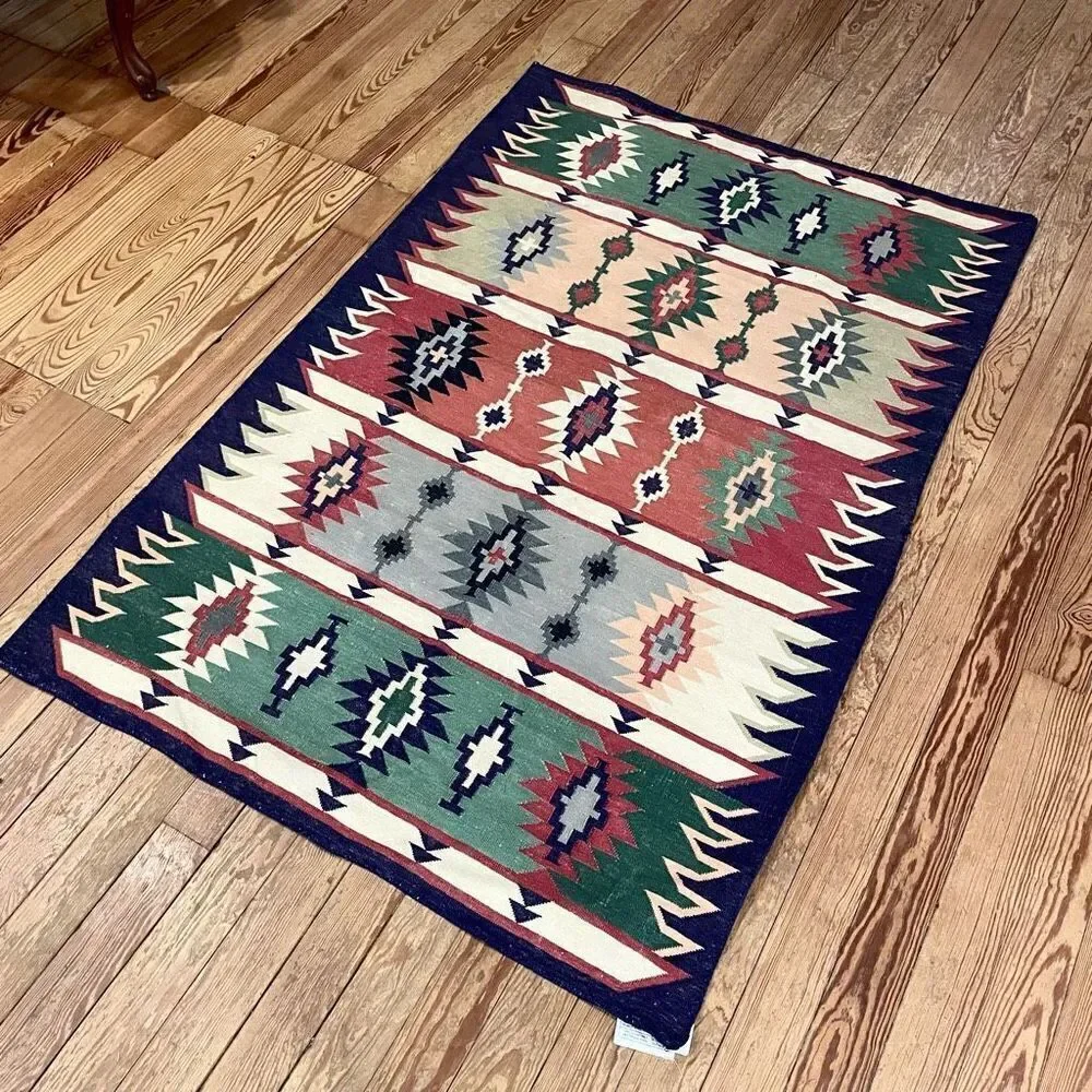 Pier 1 Imports Turkish Kilim Aztec‎ Cotton Rare Area Rug Carpet Blue Boho Native
